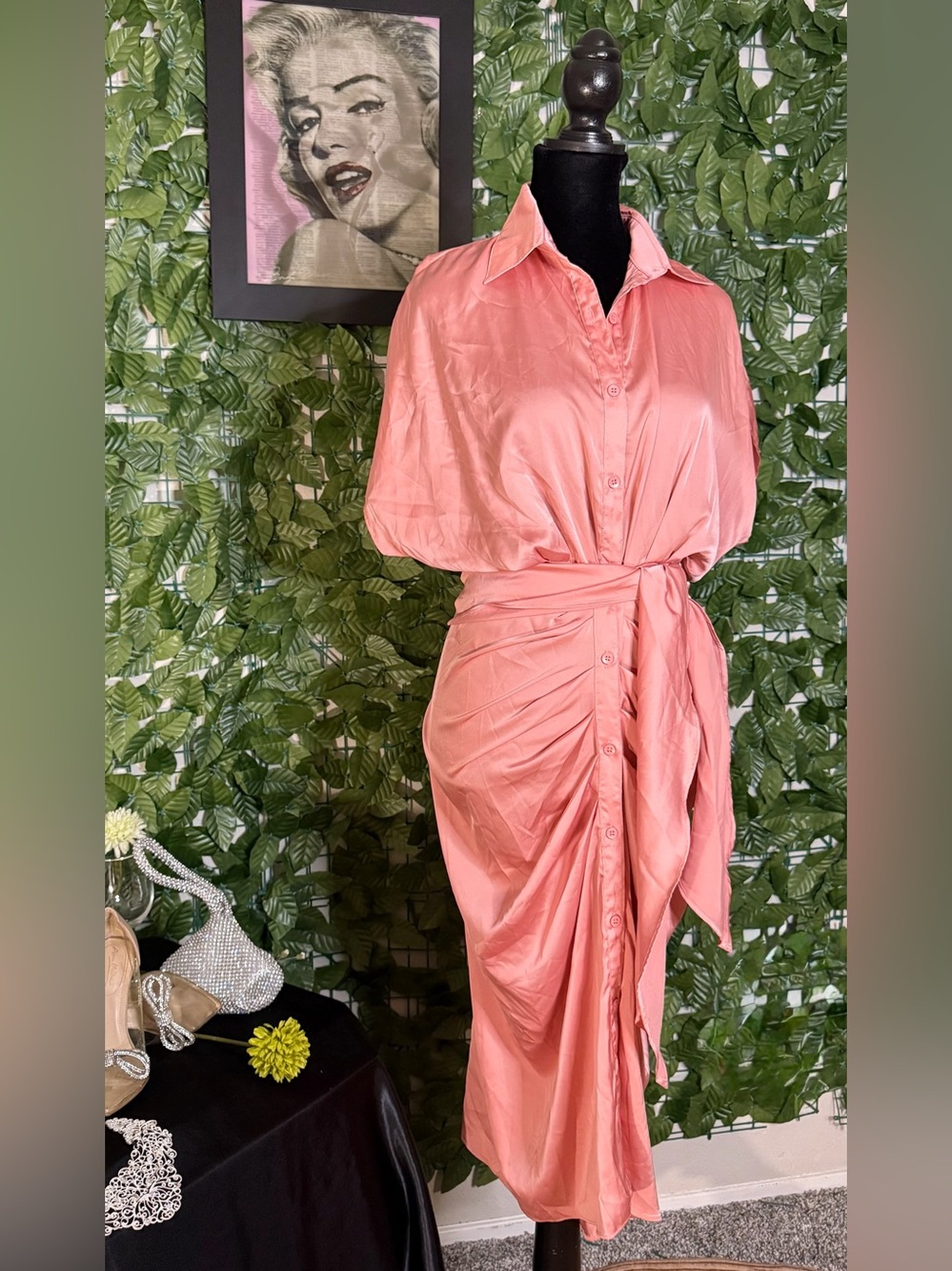 Twenty Coral Pink Button-Front Maxi Dress with Waist Tie